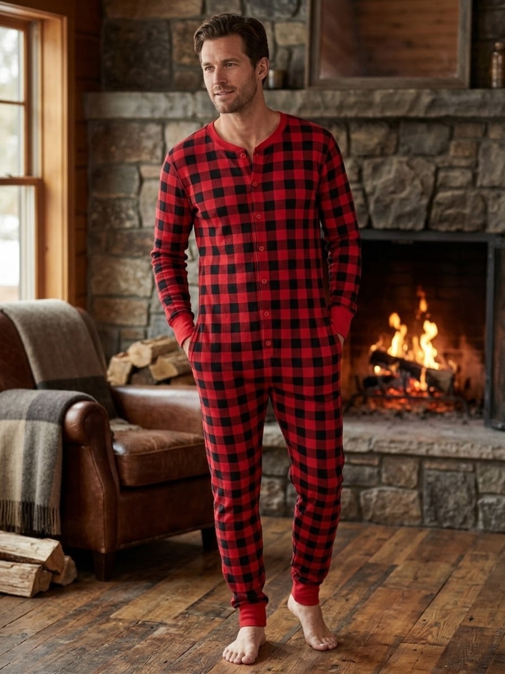 Hatley Red and Black Buffalo Plaid Adult Onesie Pajamas Holiday Size Medium
